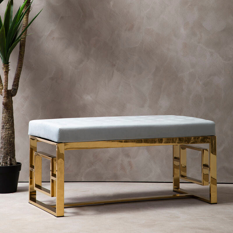 Allure Powder Grey Velvet Bench with Gold Stainless Steel Frame
