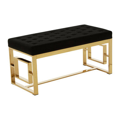 Allure Black Velvet and Gold Bench with Button Tufted Seat