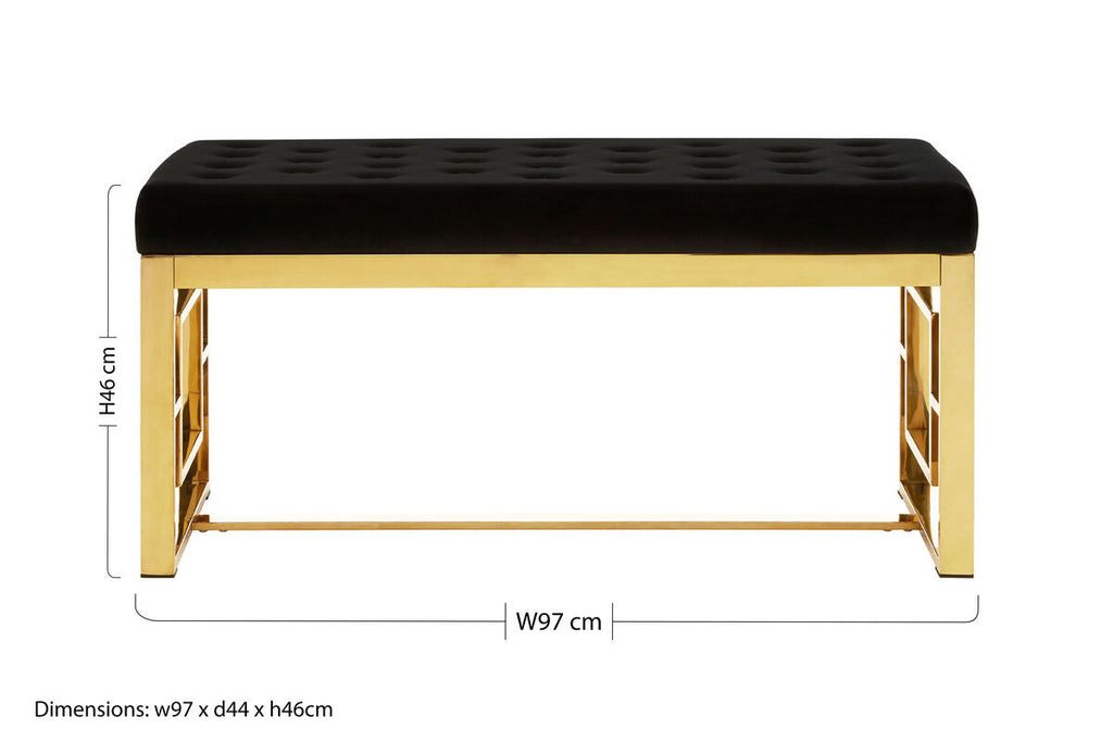 Allure Black Velvet and Gold Bench with Button Tufted Seat