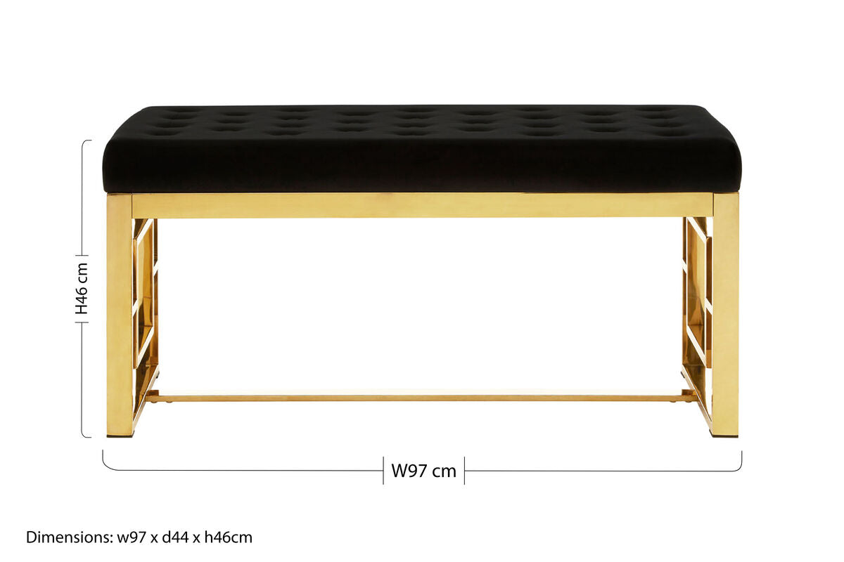 Allure Black Velvet and Gold Bench with Button Tufted Seat
