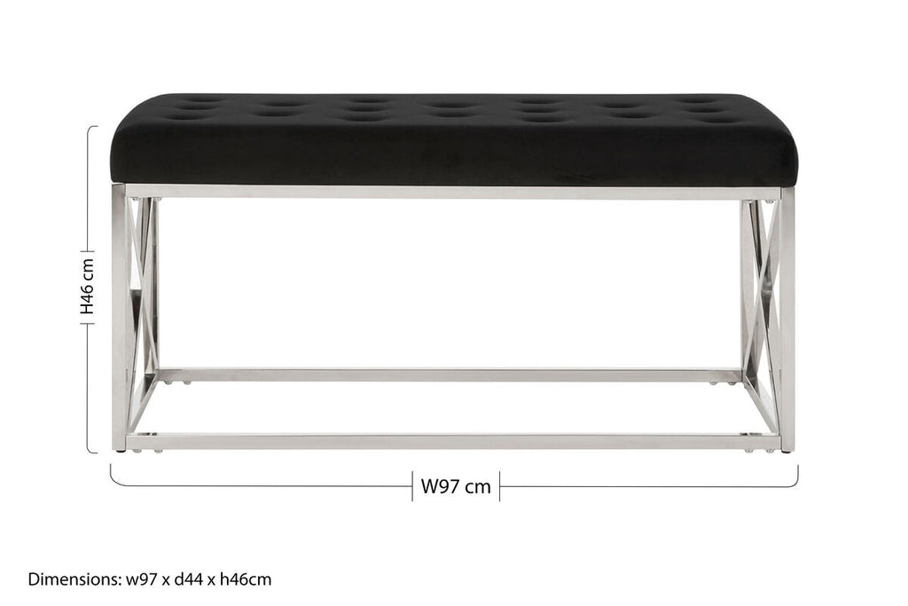 Allure Black Velvet Bench with Silver Finish Frame