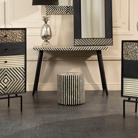 Black Chevron Bone Inlay Console Table with Slim Metal Legs, Boho