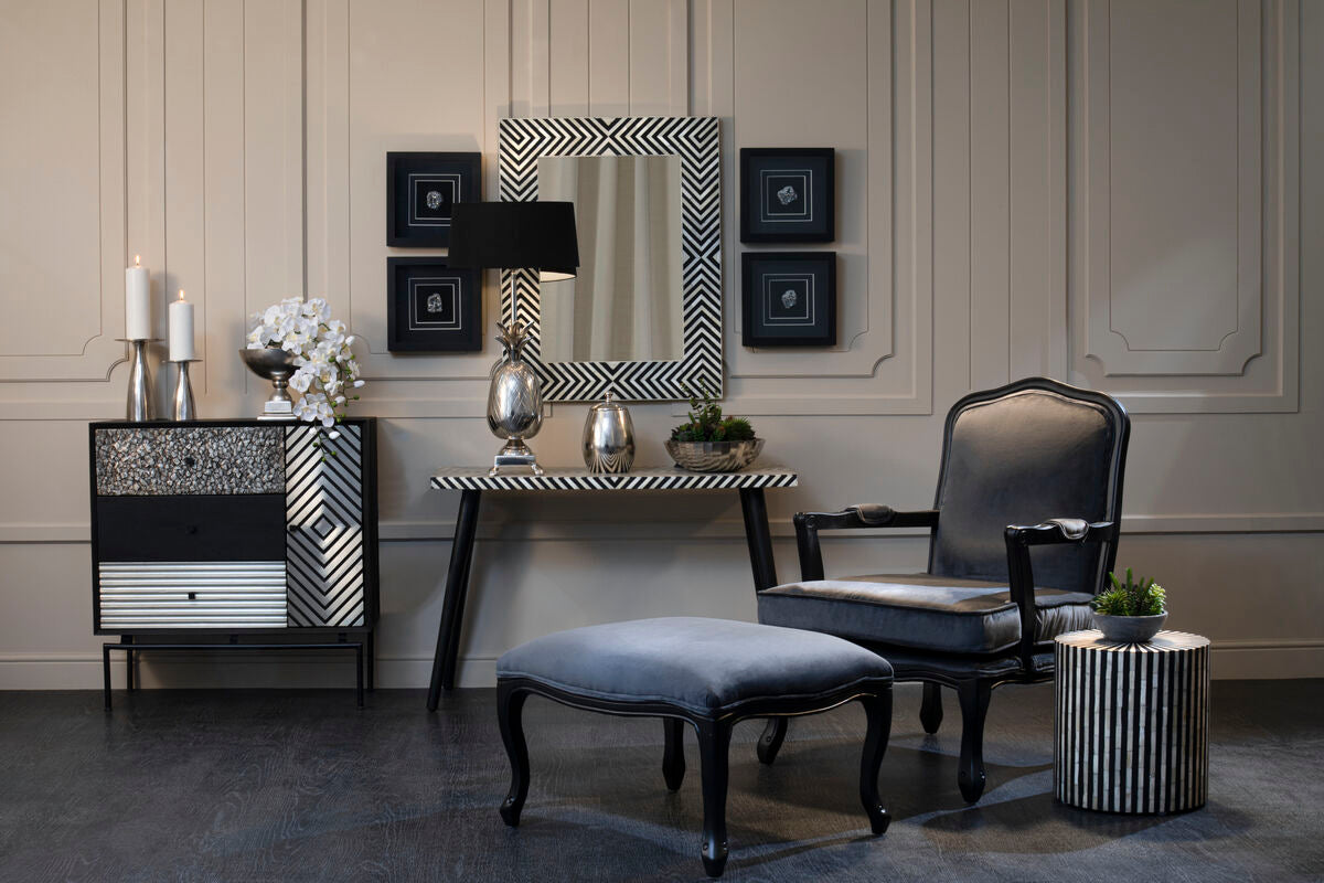 Black Chevron Bone Inlay Console Table with Slim Metal Legs, Boho