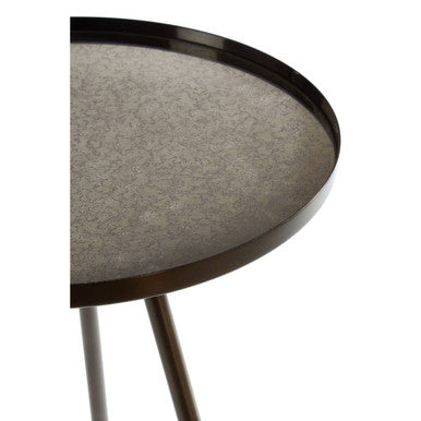 Black Finish Iron Metal Splayed Legs Side Table with Round Weathered Antique Glass Top, Corra