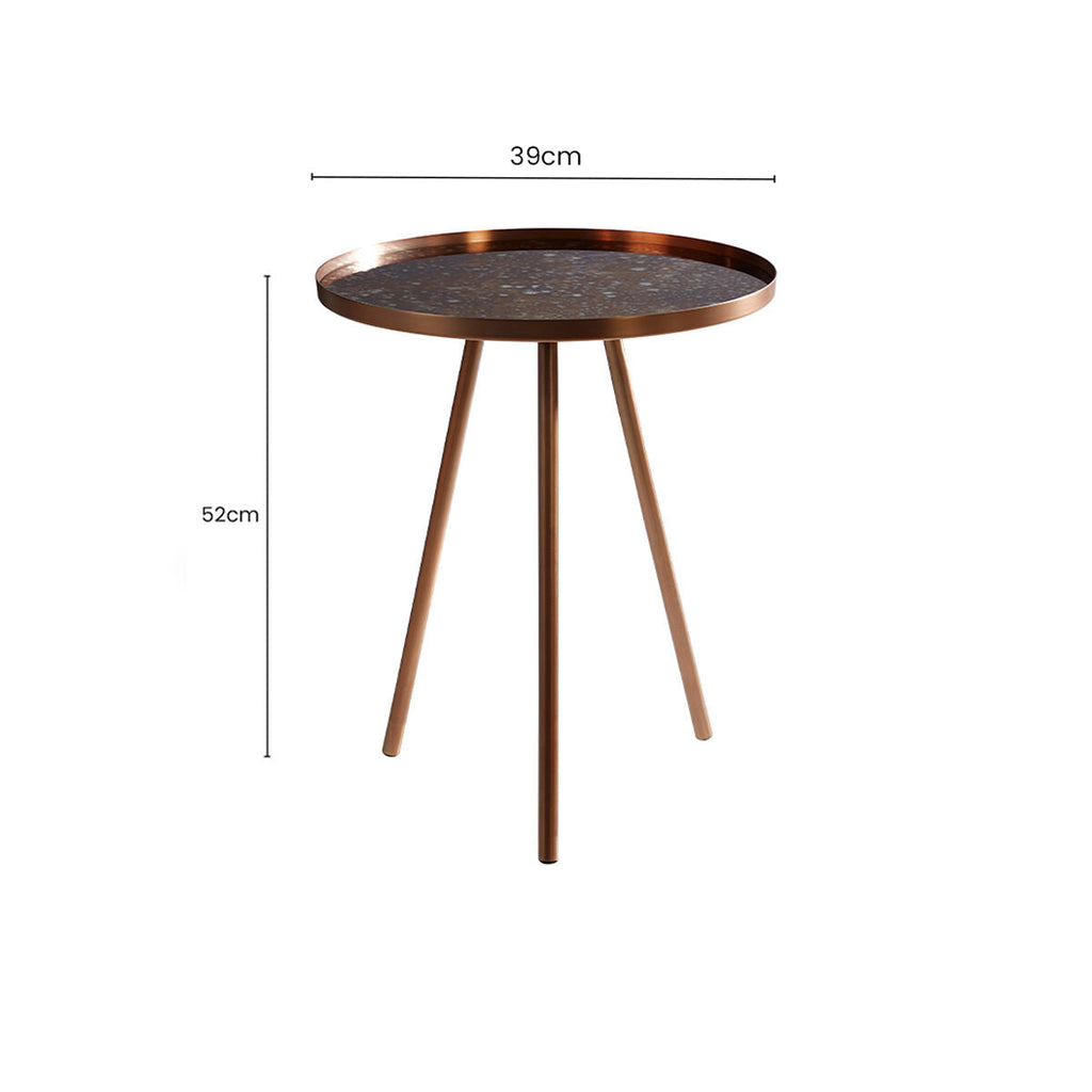 Matte Copper Weathered Side Table with Round Antique Glass Top and Splayed Legs | Corra