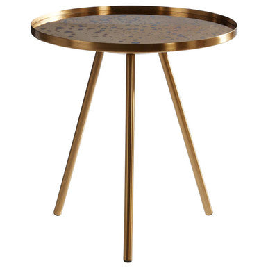 Gold Finish Round Glass Top Side Table with Splayed Metallic Legs, Corra