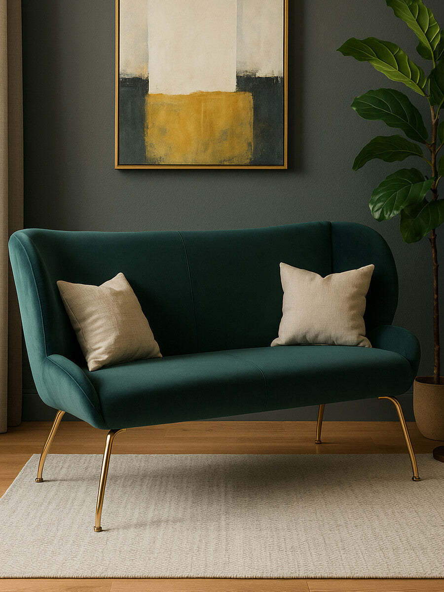 2 Seater Green Sofa with Curved Backrest, Kolding