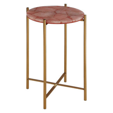 Gold and Pink Quartz Top Side Table with Gold Steel Cross Base, Vita