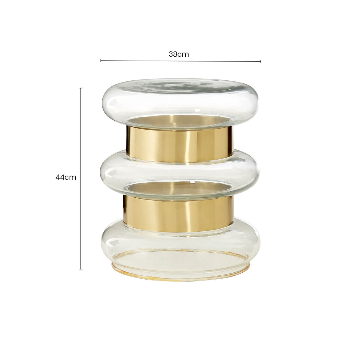 Gold Finish Side Table with Clear Circular Glass Sides and Steel Frame, Margot