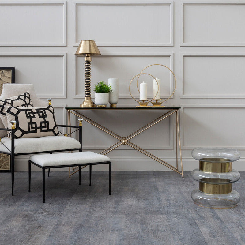Gold Finish Side Table with Clear Circular Glass Sides and Steel Frame, Margot