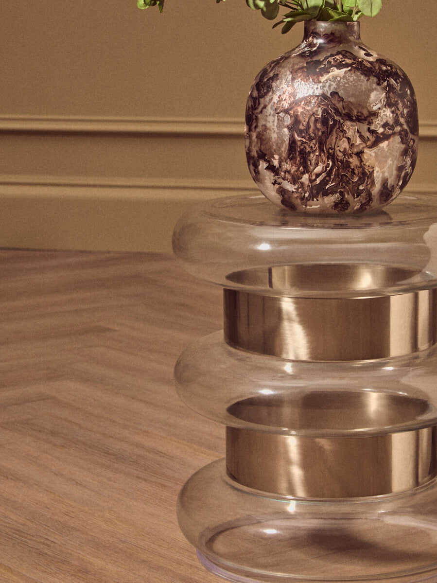 Gold Finish Side Table with Clear Circular Glass Sides and Steel Frame, Margot