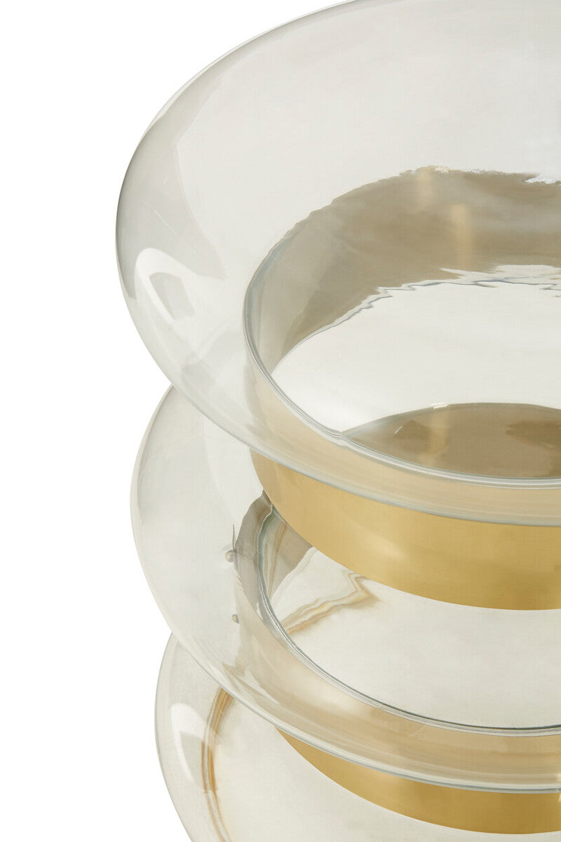 Gold Finish Side Table with Clear Circular Glass Sides and Steel Frame, Margot