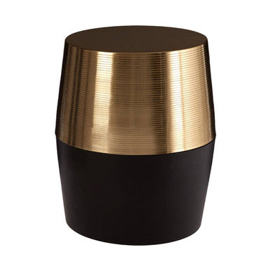 Black and Gold Copper Metallic Drum Side Table with Engraved Design, Margot
