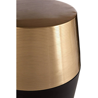 Black and Gold Copper Metallic Drum Side Table with Engraved Design, Margot