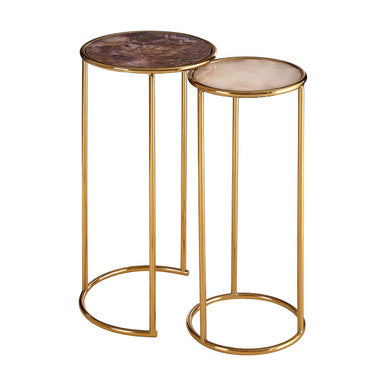 Amethyst Top Set of 2 Nesting Side Tables with Reflective Gold Finish Metal Frame, Vita