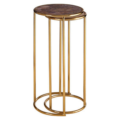 Amethyst Top Set of 2 Nesting Side Tables with Reflective Gold Finish Metal Frame, Vita