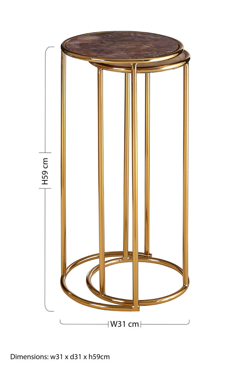 Amethyst Top Set of 2 Nesting Side Tables with Reflective Gold Finish Metal Frame, Vita