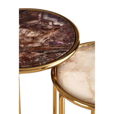 Amethyst Top Set of 2 Nesting Side Tables with Reflective Gold Finish Metal Frame, Vita