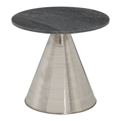 Grey Marble Top Side Table with Metallic Silver Finish Textured Base, Martini