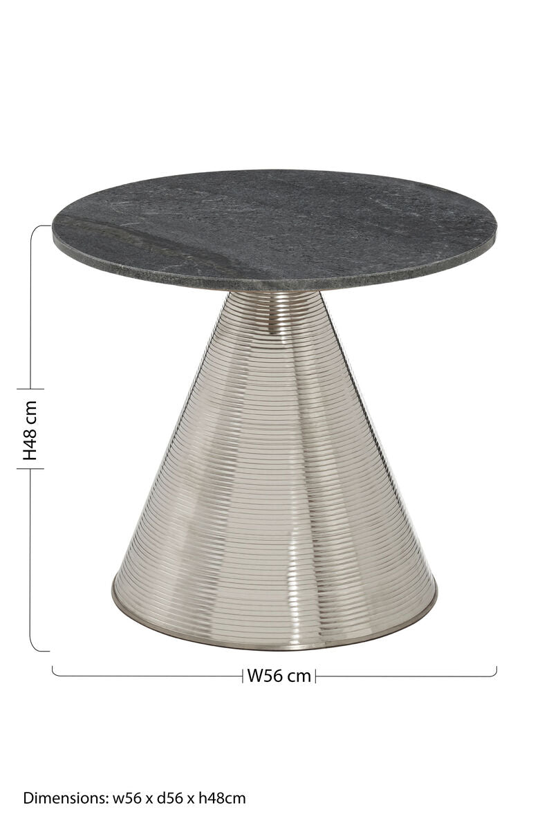 Grey Marble Top Side Table with Metallic Silver Finish Textured Base, Martini
