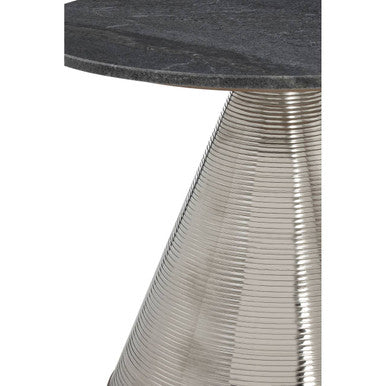 Grey Marble Top Side Table with Metallic Silver Finish Textured Base, Martini