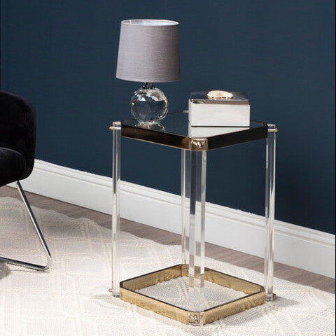 Clear Mirrored Top Side Table with Clear Acrylic Legs and Gold Finish Frame, Miley