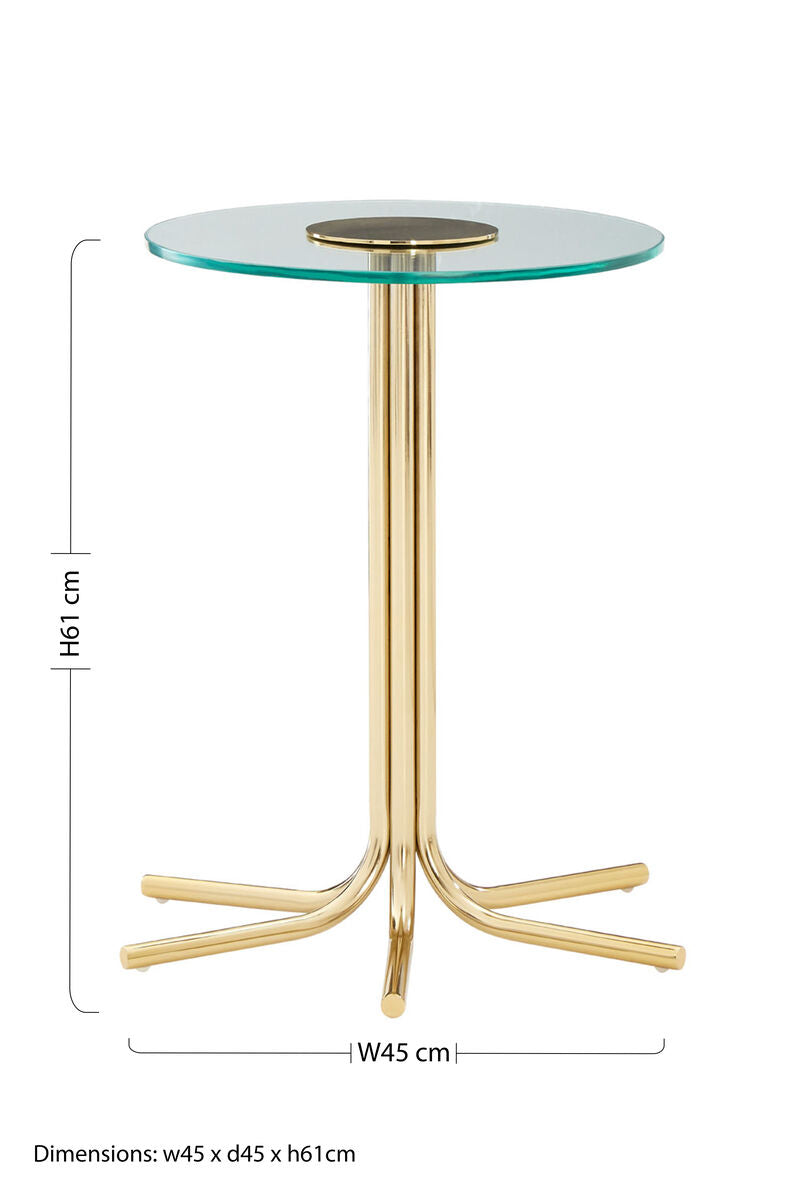 Clear Glass Top Side Table with Splayed Gold Finish Metal Base, Miley