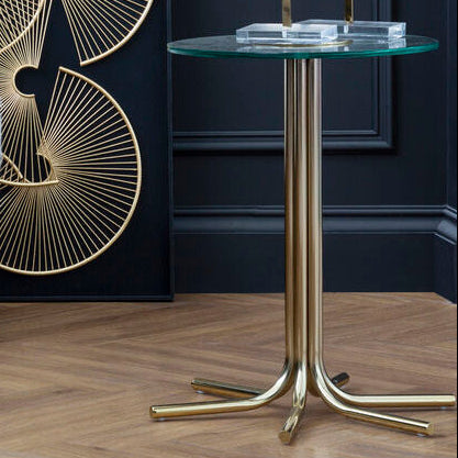 Clear Glass Top Side Table with Splayed Gold Finish Metal Base, Miley