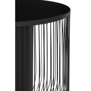 Black Glass Top Round End Table with Matte Black Cylindrical Wireframe Base, Trento