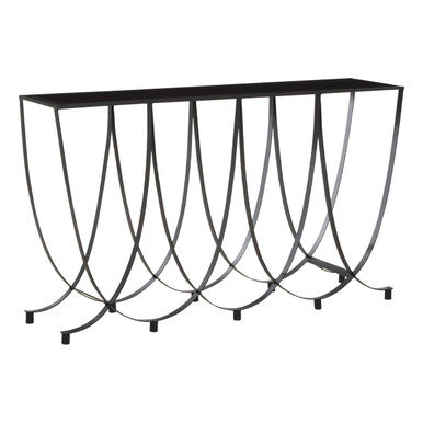 Black Glass Top Console Table with Black Iron Overlapping Curved Base, Trento