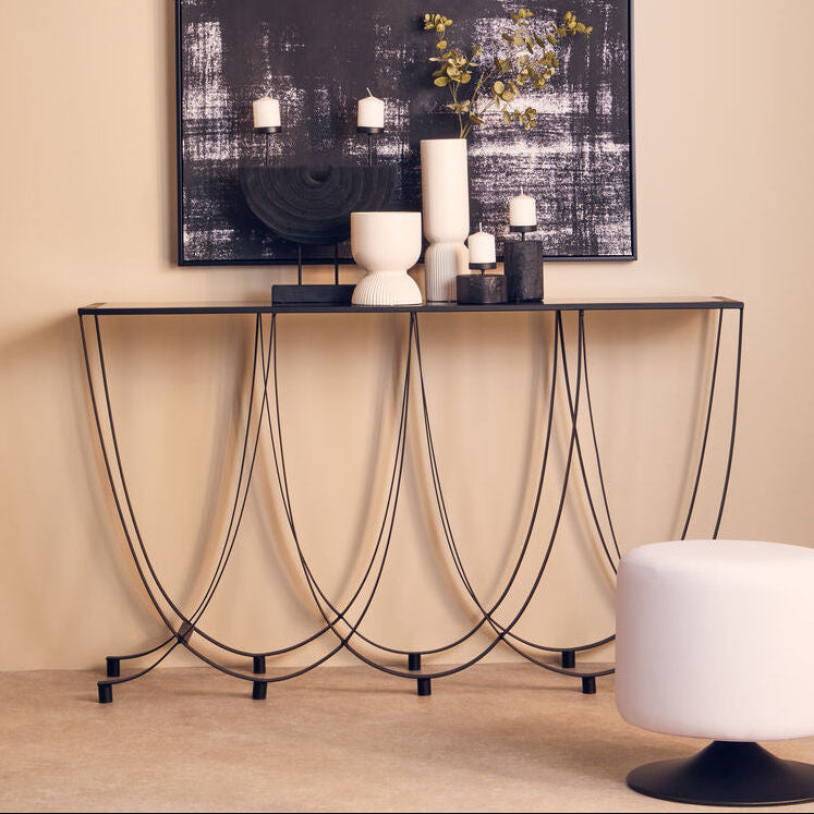 Black Glass Top Console Table with Black Iron Overlapping Curved Base, Trento