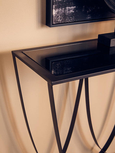 Black Glass Top Console Table with Black Iron Overlapping Curved Base, Trento