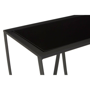 Black Glass Top Console Table with Black Iron Overlapping Curved Base, Trento