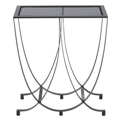 Grey Glass Top Console Table with Black Iron Overlapping Curved Base, Trento