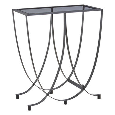 Grey Glass Top Console Table with Black Iron Overlapping Curved Base, Trento