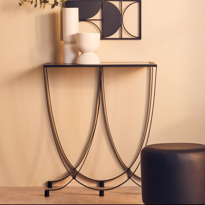 Grey Glass Top Console Table with Black Iron Overlapping Curved Base, Trento