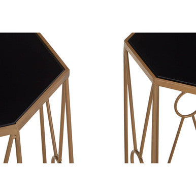 Set of 2 Black Glass Hexagon End Tables with Copper Finish Metal Cross Frame Base, Trento