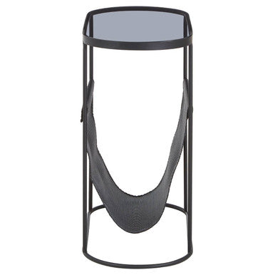 Grey Glass Top Side Table with Black Metal Frame and Hanging Mesh Shelf, Trento