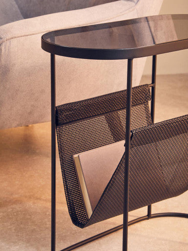 Grey Glass Top Side Table with Black Metal Frame and Hanging Mesh Shelf, Trento