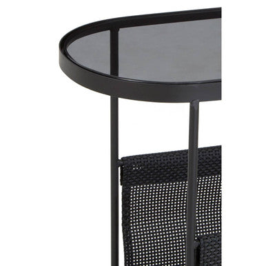 Grey Glass Top Side Table with Black Metal Frame and Hanging Mesh Shelf, Trento