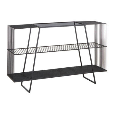 Grey Glass Console Table with Two Open Shelves and Black Metal Frame, Trento