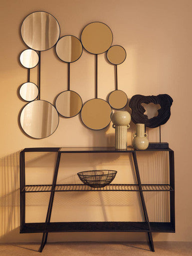 Grey Glass Console Table with Two Open Shelves and Black Metal Frame, Trento