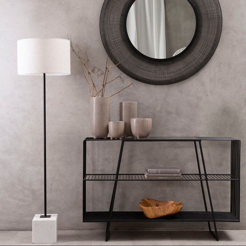 Grey Glass Console Table with Two Open Shelves and Black Metal Frame, Trento