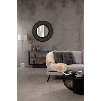 Grey Glass Console Table with Two Open Shelves and Black Metal Frame, Trento