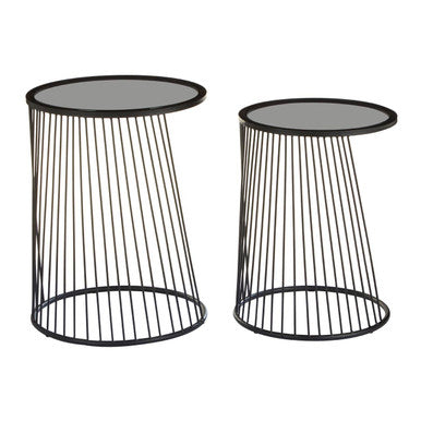 Set of 2 Grey Glass Top Nesting Side Tables with Black Metal Wire Frame, Trento