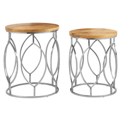 Set of 2 Natural Mango Wood Round Top Side Tables with Reflective Stainless Steel Base, Agra