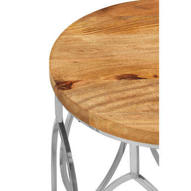 Set of 2 Natural Mango Wood Round Top Side Tables with Reflective Stainless Steel Base, Agra