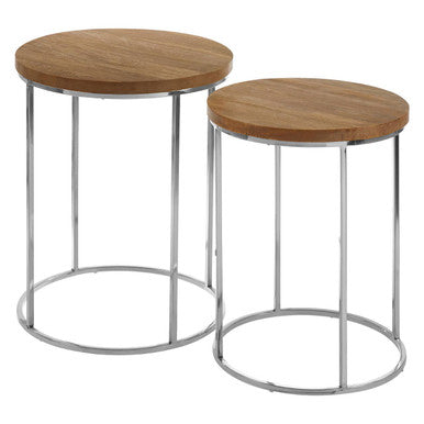 Set of 2 Natural Mango Wood Top Round Side Tables with Stainless Steel Base in Metallic Finish, Agra