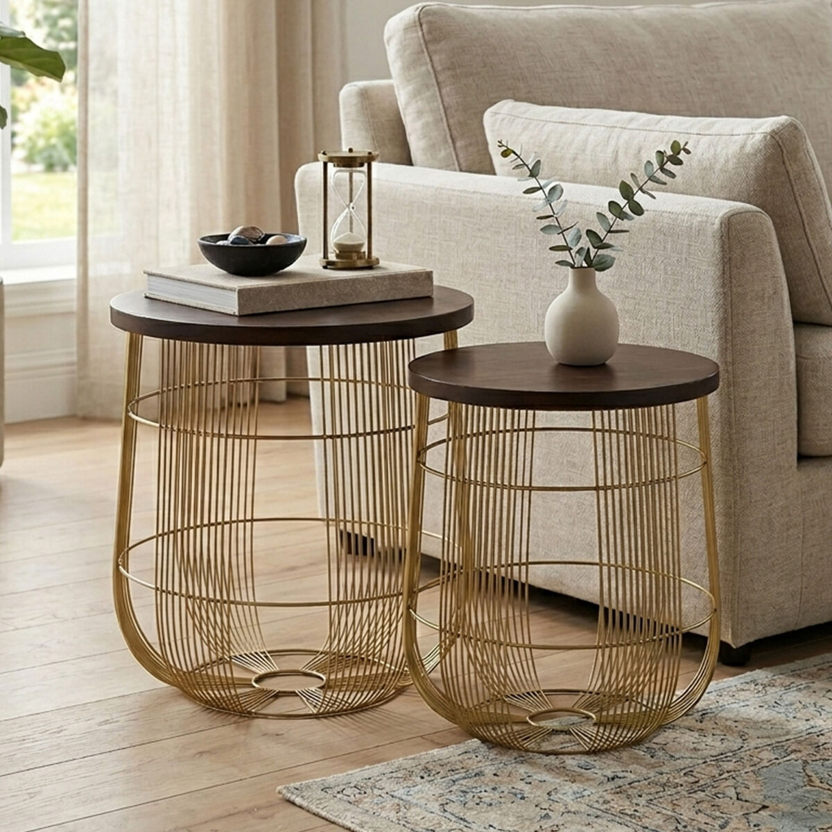 Set of 2 Brown Mango Wood Side Tables with Gold Finish Metal Base, Agra