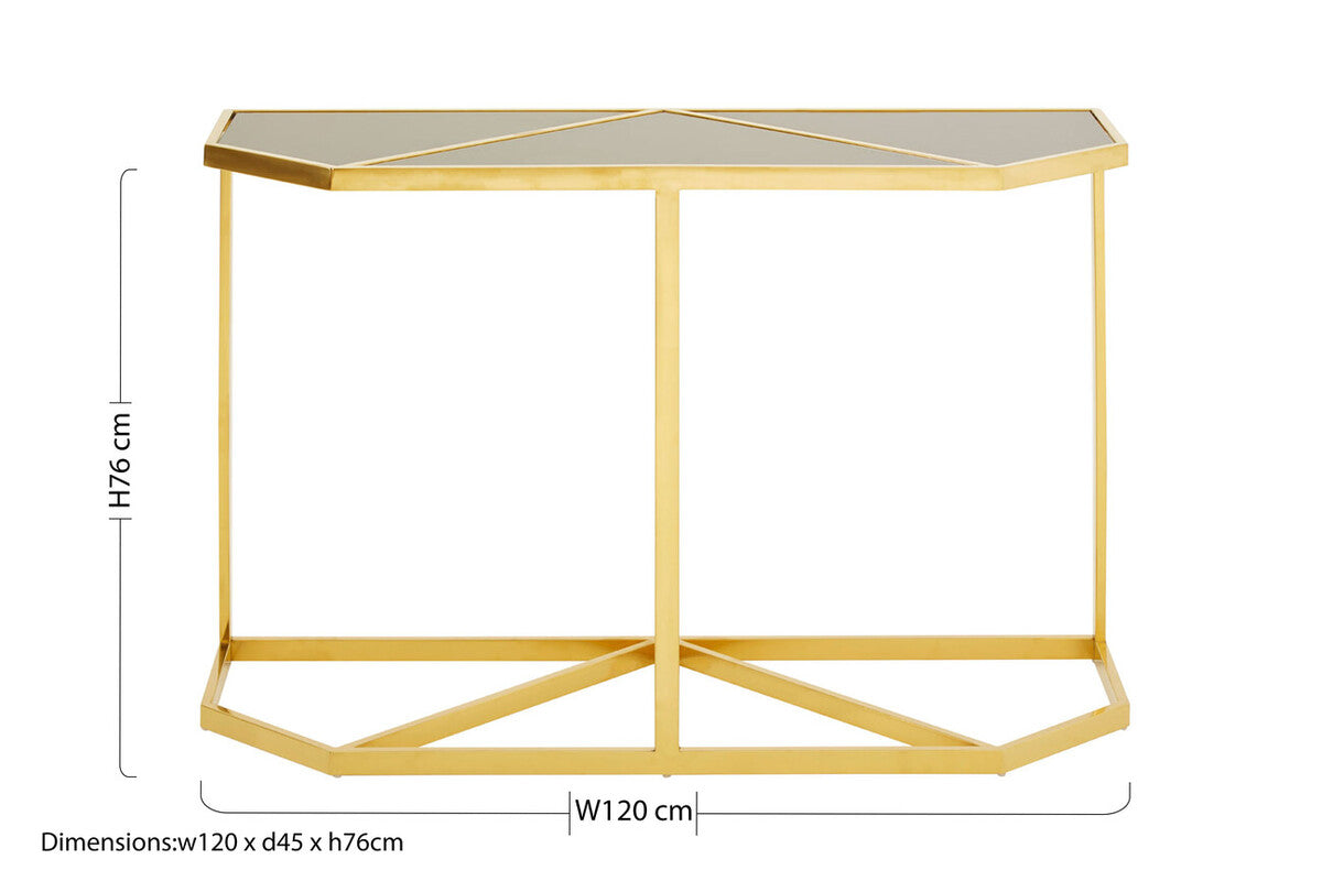 Black Tempered Glass Top Console Table with Gold Finish Stainless Steel Frame, Horizon